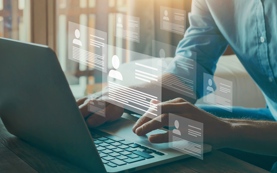 Human resource manager looking at many different cv resume and choosing perfect person to hire. HR concept on virtual screen.